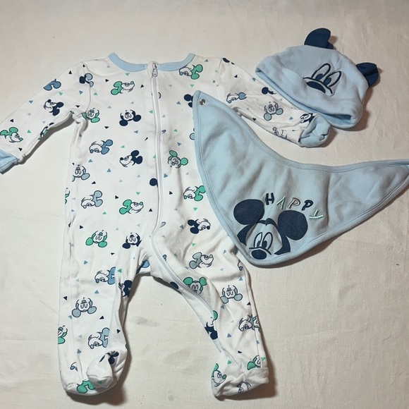 Disney Baby - 3 piece Blue and White Footie Set with Hat - Picture 1 of 5